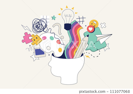 Creative process concept in flat neo brutalism design for web. Imagination and brainstorming, finding solutions, innovation thinking. Vector illustration for social media banner, marketing material. 111077068