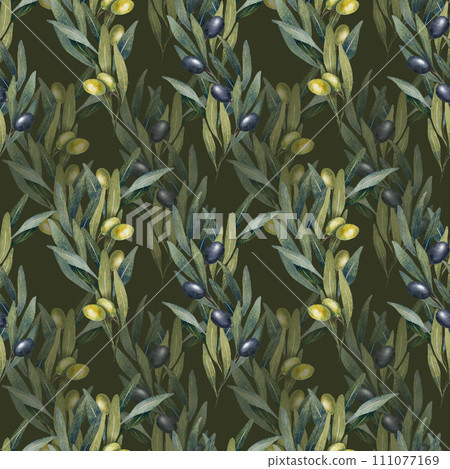 Seamless pattern with hand drawn watercolor olive tree leaves, branch, green and black olives fruit. floral illustration for fabrics, kitchen textiles, wallpapers, print 111077169