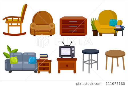 Old TV. Retro appliances with antenna on a small table. An element of the room interior. Flat cartoon illustration. Furniture bedside table 111077180