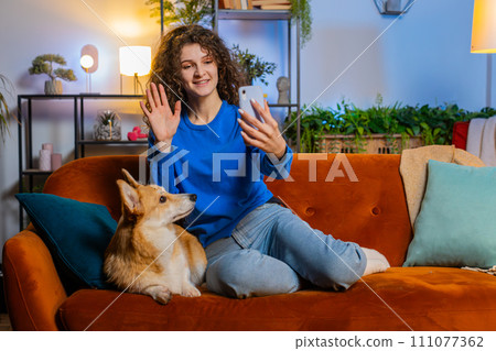 Woman pet lover kissing cute corgi dog and taking selfie via smartphone on sofa at home living room 111077362