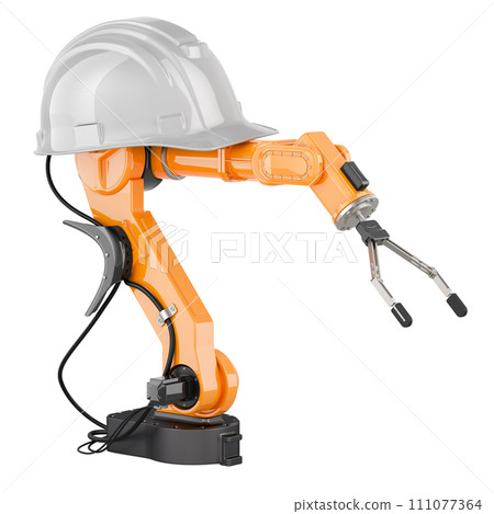Robotic arm with white hard hat, 3D rendering Robotic arm with white hard hat, 3D rendering 111077364