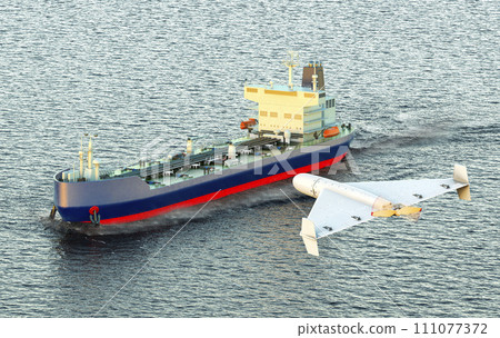 Kamikaze drone attacking on oil tanker sailing in ocean, 3D rendering Kamikaze drone attacking on oil tanker sailing in ocean, 3D rendering 111077372