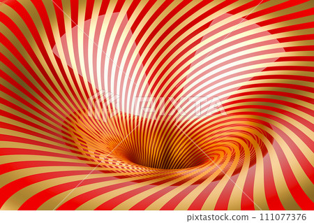 Striped spiral golden and red abstract tunnel background. Optical illusion funnel. Twisted beams, 3D rendering Striped spiral golden and red abstract tunnel background. Optical illusion funnel. Twisted beams, 3D rendering 111077376