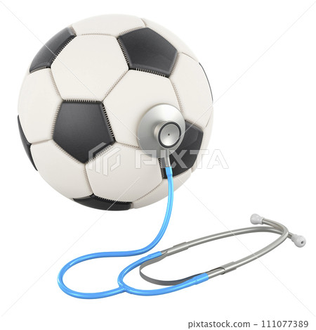 Soccer ball with phonendoscope. Sports medicine, concept. 3D rendering 111077389