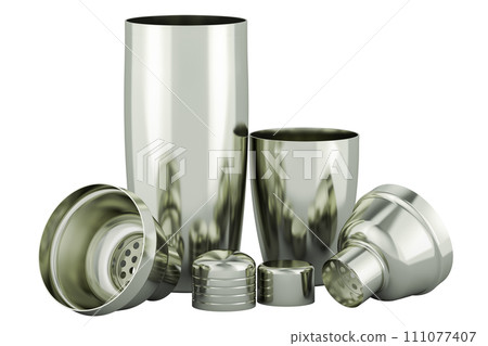 Cocktail shakers, parts. Details of Shaker, 3D rendering isolated on white  background 111077407