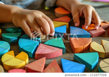 Colorful wooden figures can be used to build a variety of structures, developing children's motor skills and imagination 111077508