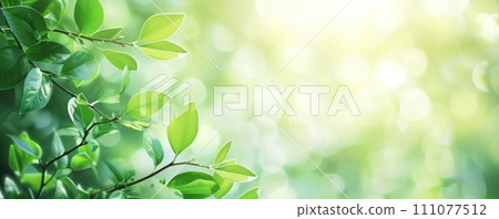 Modern art design with green leaves protruding from the backyard silhouette of the sun, symbolizing ecological harmony 111077512