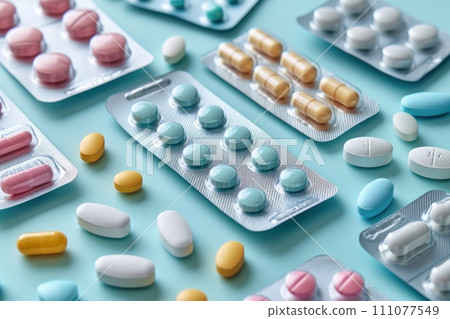 Multi-coloured tablets: a colourful range of packaging 111077549