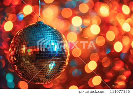 Mirrored disco ball surrounded by bokeh flames. The lights create shimmering reflections on its glossy surface. Mirrored disco ball surrounded by bokeh flames. The lights create shimmering reflections on its glossy surface. 111077556