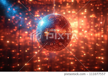 Mirror disco ball in bokeh lights. Swirls of bright lights are radiantly reflected on its smooth surface. 111077557