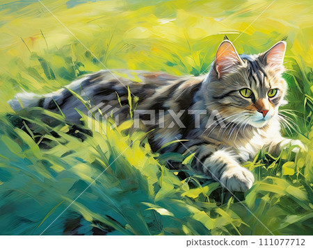 Cat on the green grass. Oil painting. Cat on the green grass. Oil painting. 111077712