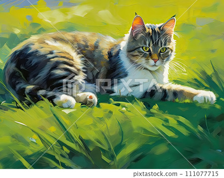 Cat on the green grass. Oil painting. Cat on the green grass. Oil painting. 111077715