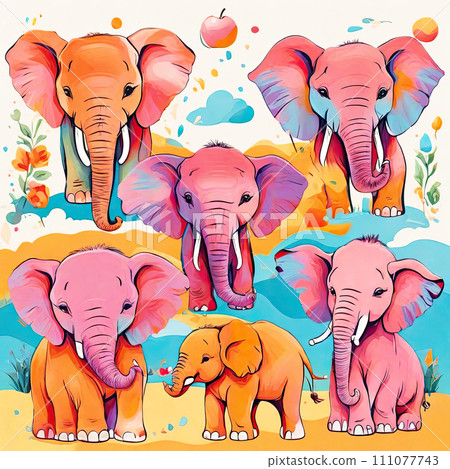 Multicolored elephants bright painting. 111077743