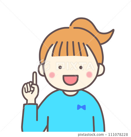 Smiling girl facing forward and raising her index finger 111078228