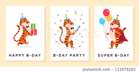 Cartoon smiling tigers in party hat superhero cape with presents, firecracker, balloons. Happy B day greeting cards, invitation design set. Festive Birthday celebration postcards illustration. 111078265