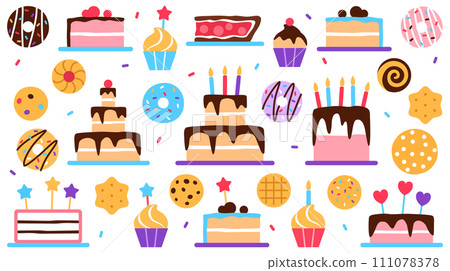 Pastry shop visit card or horizontal background. Baked healthy food business card design. Bright colorful flat baked tasty elements donut cake cupcake for confectionery sweet shop illustration. Pastry shop visit card or horizontal background. Baked healthy food business card design. Bright colorful flat baked tasty elements donut cake cupcake for confectionery sweet shop illustration. 111078378