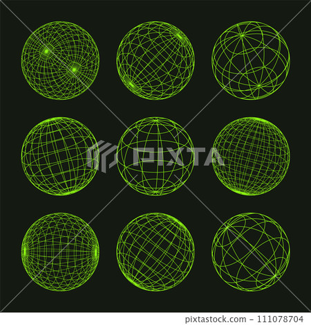 Wireframe shapes, lined sphere. Perspective mesh, 3d grid. Low poly geometric elements. Retro futuristic design elements, y2k, vaporwave and synthwave style. Vector illustration 111078704
