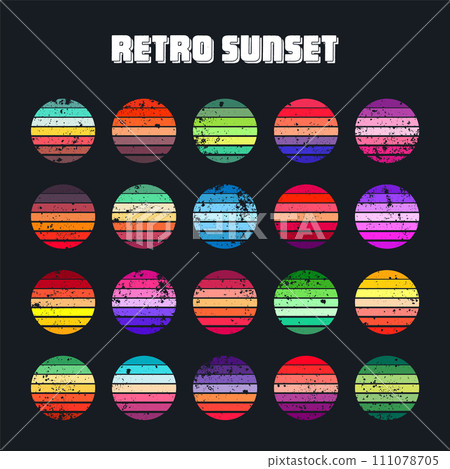 Grunge vintage sunset collection. Colorful striped sunrise badges in 80s and 90s style. Sun and ocean view, summer vibes, surfing. Design element for print, logo or t-shirt. Vector illustration 111078705