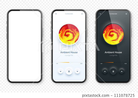 Online audio player user interface, smartphone app UI design. Music, media streaming and listening platform. Responsive mobile application. Neumorphism, neumorphic style. Vector illustration. 111078725