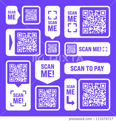 Scan me QR code sticker. Online payment. Special offer sale stickers, shopping discount label or promotional badge. Serial number, product ID. Supermarket retail label, price tag. Vector illustration 111078727