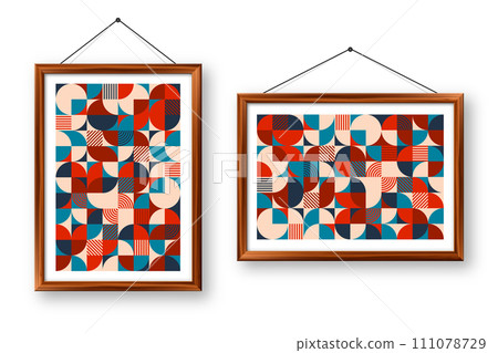 Picture frame with geometric trendy pattern, Bauhaus style. Modern background, simple elements. Retro texture, basic geometric shapes. Print design, minimalist poster cover. Vector illustration 111078729