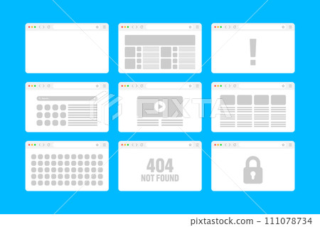 Web browser window, pages layout with toolbar and search field. Modern website, internet page in flat style. Browser mockup for computer, tablet and smartphone. Adaptive UI. Vector illustration 111078734