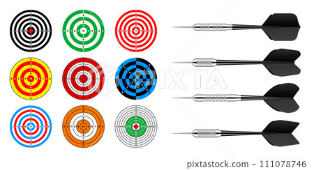 Paper targets with dart arrows. Shooting range round target, divisions, marks and numbers. Gun shooting practise and training, sport competition, hunting. Bullseye and aim. Vector illustration 111078746