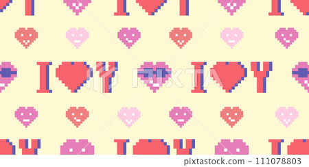 I love you and pixel hearts seamless pattern on yellow, vector 111078803