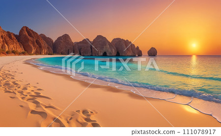 Sunset beach: rocks and footprints on the sand Sunset beach: rocks and footprints on the sand 111078917