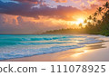 Ocean sunset: tranquil shore with palm trees 111078925