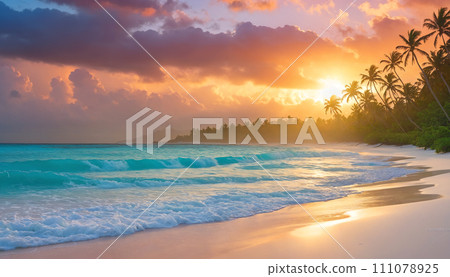 Ocean sunset: tranquil shore with palm trees Ocean sunset: tranquil shore with palm trees 111078925