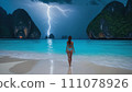 Night ocean scenery: girl and lightning 111078926