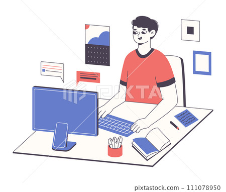 Distant freelance worker. Male character work with computer, freelance worker during workflow flat vector illustration. Remote office worker 111078950