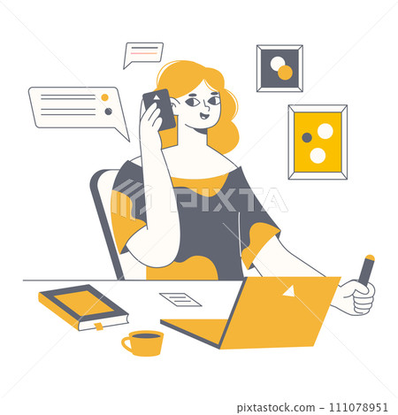 Freelance female worker. Distant creative designer or illustrator talking on phone, remote working with computer flat vector illustration. Office person work from home 111078951
