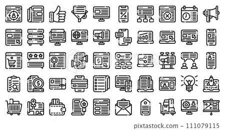 Digital marketing set. Set line outline icons. Digital marketing symbols. Vector illustration 111079115