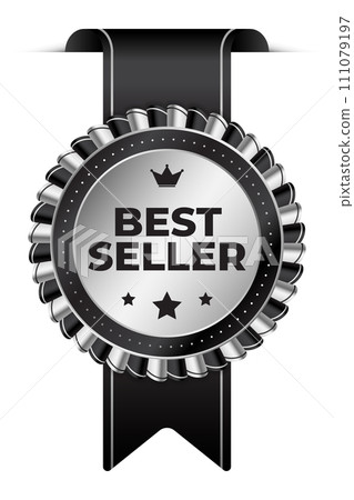Best seller sticker label with silver medal and black ribbon. Best seller product label. Best seller golden label badge 111079197