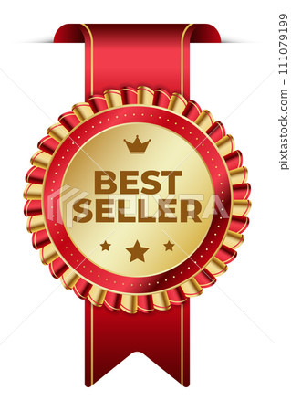 Best seller sticker label with gold medal and red ribbon. Best seller product label. Best seller golden label badge Best seller sticker label with gold medal and red ribbon. Best seller product label. Best seller golden label badge 111079199
