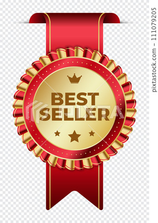 Best seller sticker label with gold medal and red ribbon. Best seller product label. Best seller golden label badge Best seller sticker label with gold medal and red ribbon. Best seller product label. Best seller golden label badge 111079205
