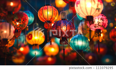 節日裡美麗燈籠的背景“AI生成圖像” 111079295