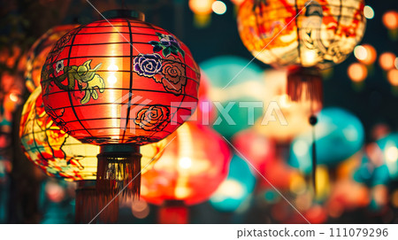 節日裡美麗燈籠的背景“AI生成圖像” 111079296