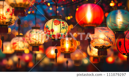 Background of beautiful lanterns lined up at a festival "AI generated image" 111079297