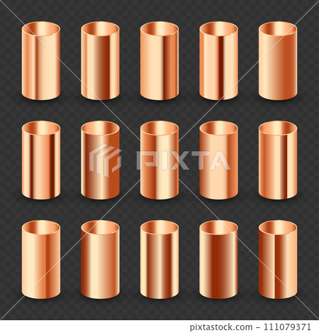 Copper pipes collection. Construction material, pipeline. Industry and engineering. Polished metal texture with silver gradient. Vector illustration Copper pipes collection. Construction material, pipeline. Industry and engineering. Polished metal texture with silver gradient. Vector illustration 111079371