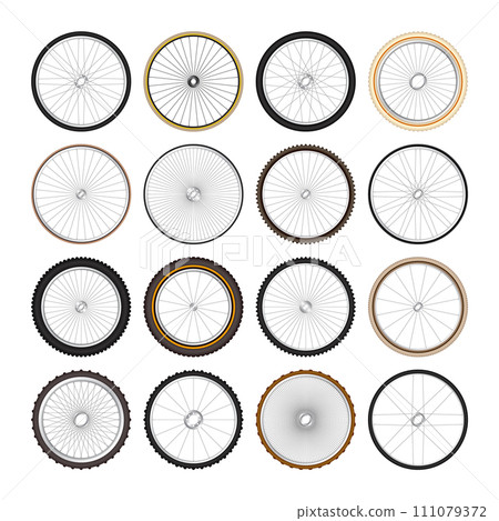 Realistic 3d retro bicycle wheels. Vintage bike rubber tyres, shiny metal spokes and rims. Fitness cycle, touring, sport, road and mountain bike. Vector illustration Realistic 3d retro bicycle wheels. Vintage bike rubber tyres, shiny metal spokes and rims. Fitness cycle, touring, sport, road and mountain bike. Vector illustration 111079372