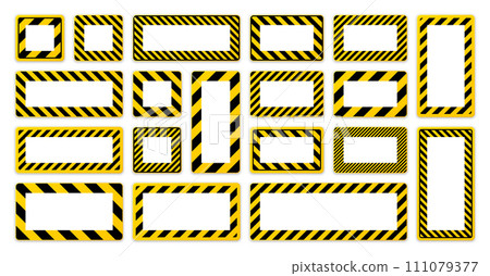 Various blank warning signs with diagonal lines. Red attention, danger or caution sign, construction site signage. Realistic notice signboard, warning banner, road shield. Vector illustration 111079377