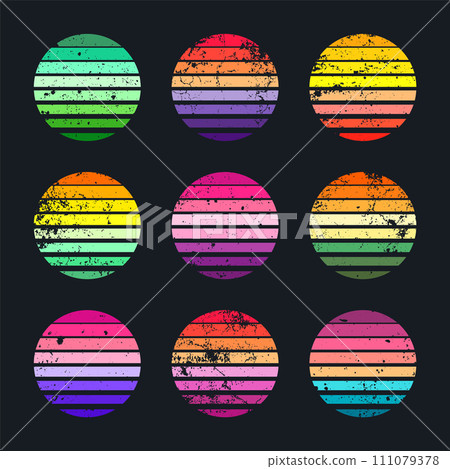 Grunge vintage sunset collection. Colorful striped sunrise badges in 80s and 90s style. Sun and ocean view, summer vibes, surfing. Design element for print, logo or t-shirt. Vector illustration 111079378