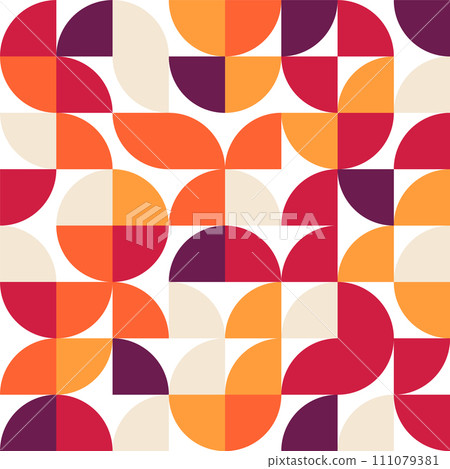 Geometric trendy pattern, Bauhaus style. Modern colorful background with simple elements. Retro texture with basic geometric shapes. Print design, minimalist poster cover. Vector illustration 111079381
