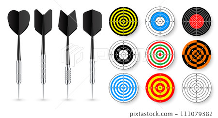 Paper targets with dart arrows and shadows. Shooting range round target, divisions, marks and numbers. Gun shooting practise and training, sport competition. Bullseye and aim. Vector illustration 111079382