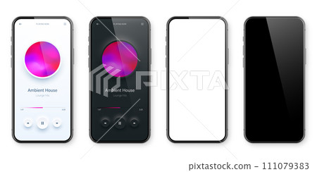 Online audio player user interface, smartphone app UI design. Music, media streaming and listening platform. Responsive mobile application. Neumorphism, neumorphic style. Vector illustration. 111079383