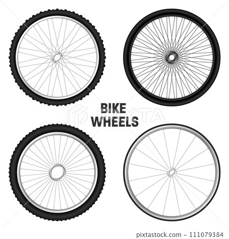 Realistic 3d bicycle wheels. Bike rubber tyres, shiny metal spokes and rims. Fitness cycle, touring, sport, road and mountain bike. Vector illustration 111079384