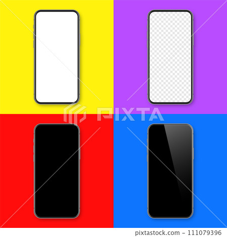 Realistic smartphone with blank touch screen on colorful background. Frameless mobile phone in front view. High quality detailed device mockup. Vector illustration Realistic smartphone with blank touch screen on colorful background. Frameless mobile phone in front view. High quality detailed device mockup. Vector illustration 111079396